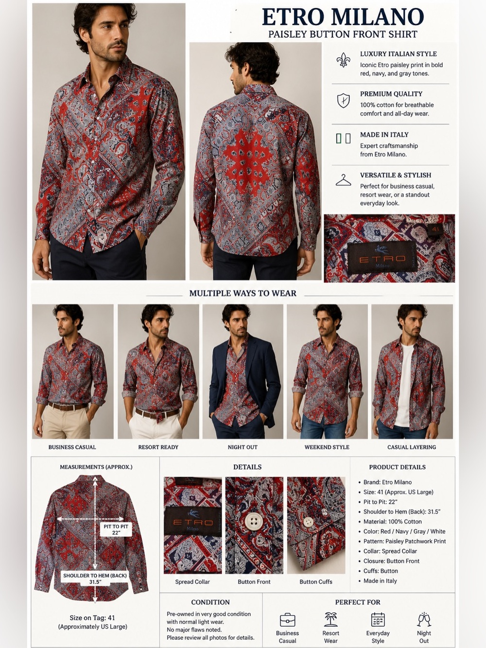 Etro Milano Paisley Button Front Shirt Men's Size 41 Red Blue Made in Italy